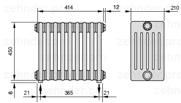 Схема (чертеж) Радиатор Zehnder Charleston 6045/9 №3570 Белый глянцевый RAL 9016